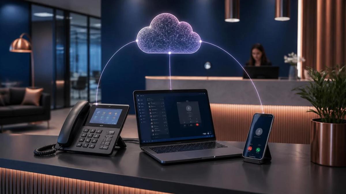 Poste IP, ordinateur et smartphone reliés à un standard hébergé dans le cloud