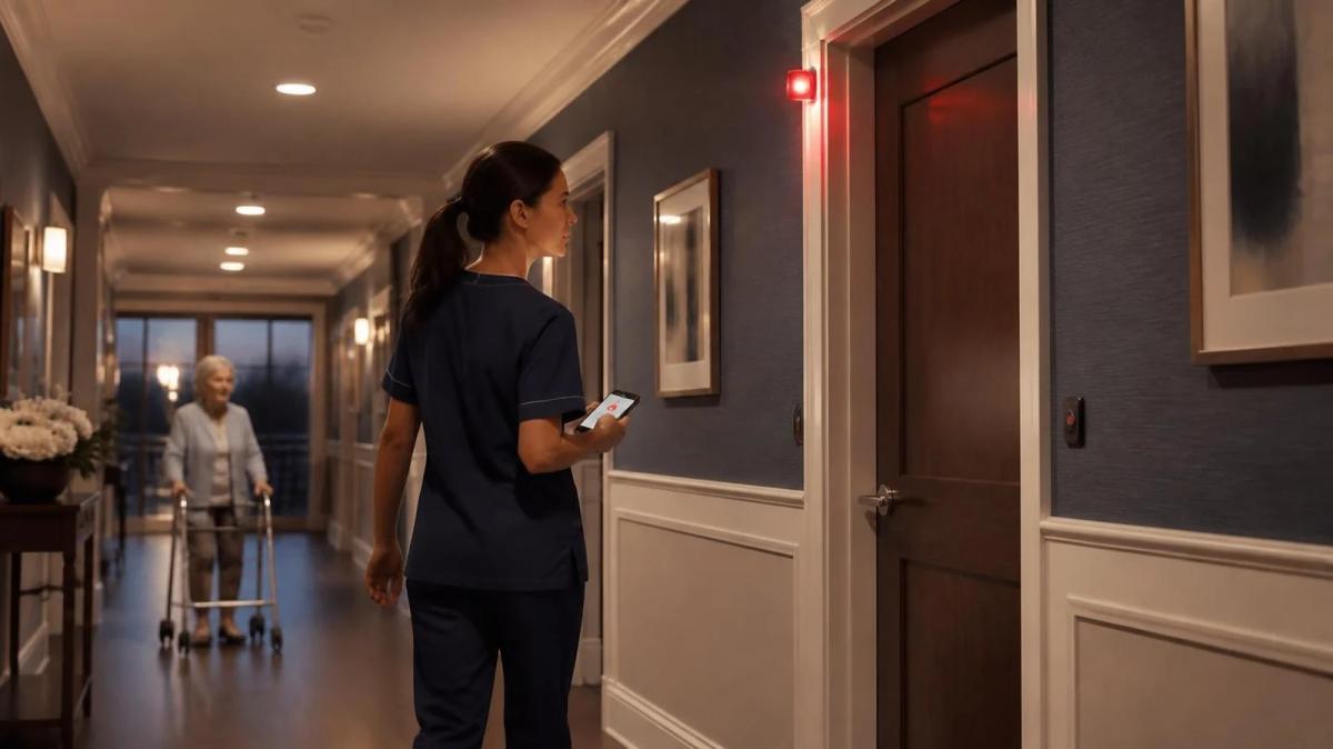 Couloir d'EHPAD avec voyant d'appel allumé et soignante se dirigeant vers une chambre